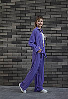 Муслиновый костюм рубашка и свободные штаны M-L фиолетовый