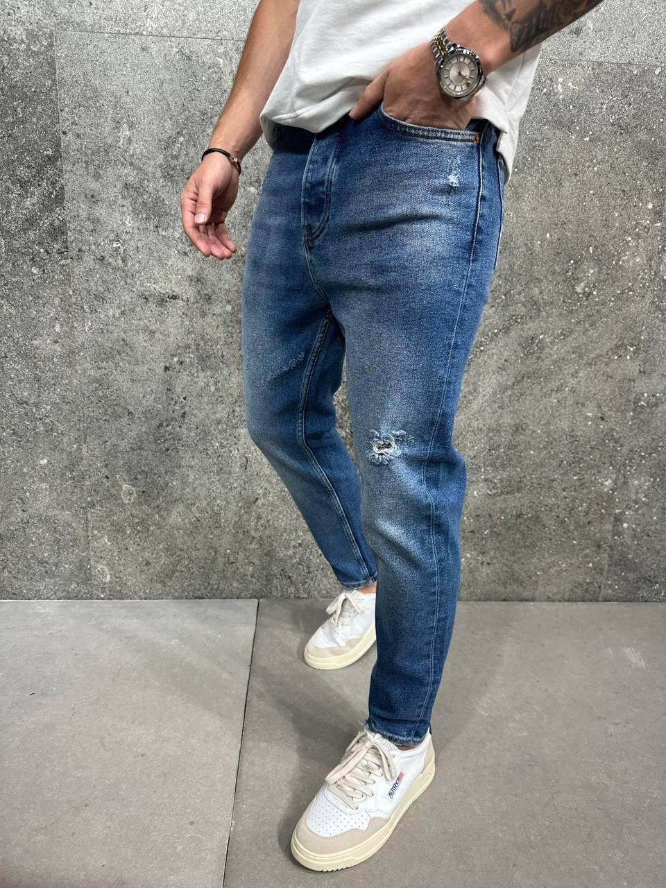 Стильні чоловічі широкі джинси мом Турецькі сині базові потерті