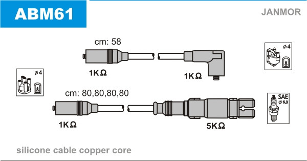 Дроти запалювання JanMor ABM61 для SEAT, IBIZA 1,4 двиг. ABD, AEX, AKV, APQ, 1,8 двиг. ABS, ACC, ADZ, VOLKSWAGEN GOLF 1,6 двиг.