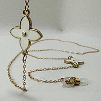 Шнурок держатель для очков золотистый с белым цветочками на силиконовых петлях