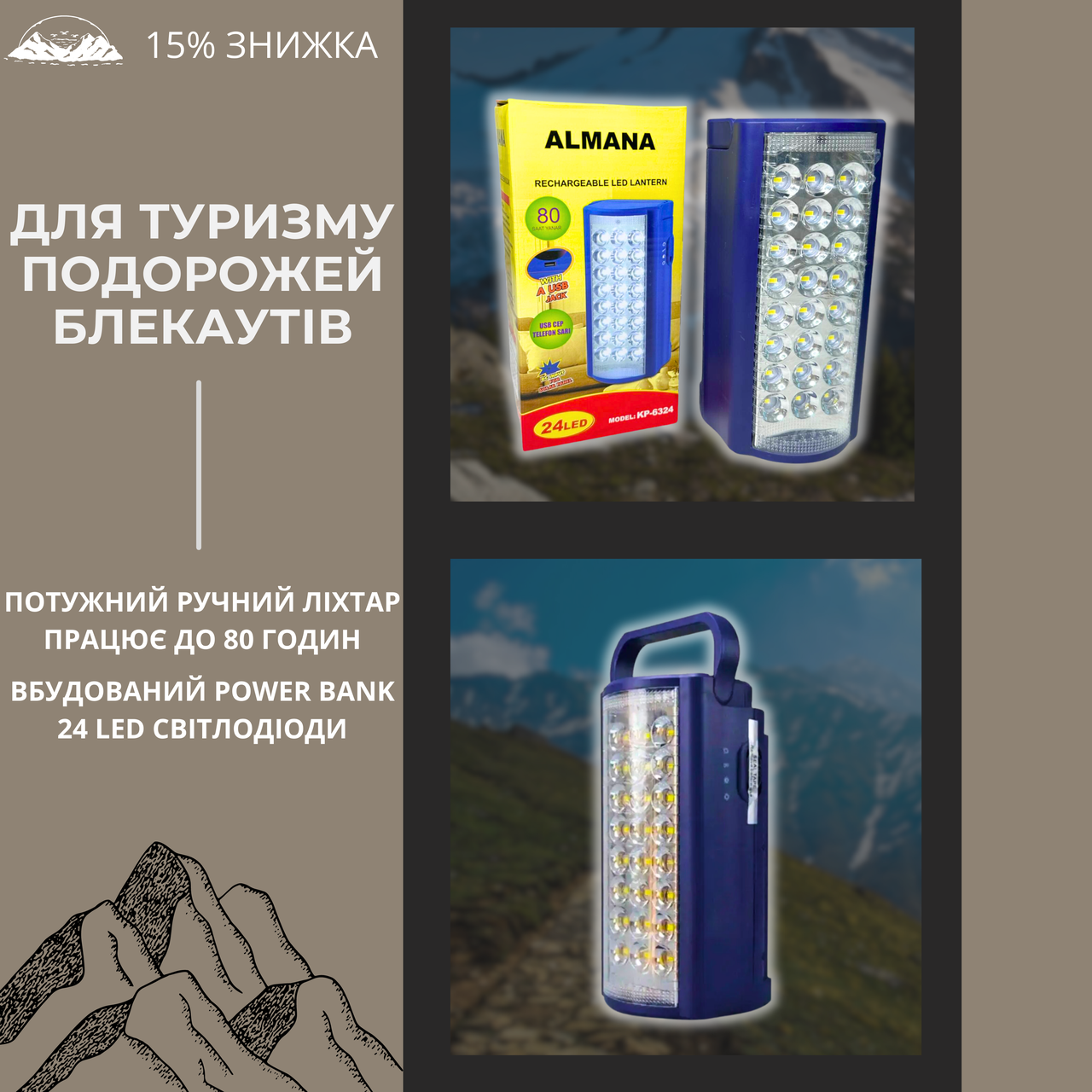 Power Bank+ручний ліхтар 2в1 акумуляторний ALMANA KP-6324, 24 LED з павербанком синій