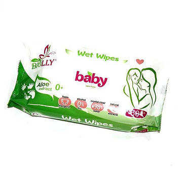 Дитячі серветки вологі очищувальні універсальні з алое вера Biolly Вaby 0+ №60 без спирту