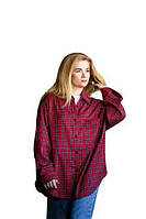 Бавовняна стильна довга червона сорочка в клітинку Оверсайз S-XL: must have дівчини весна-осінь