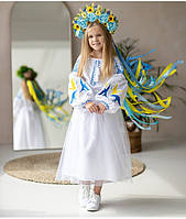 Красивое пышное платье для девочки с фатином, Детское нарядное белое платье с вышивкой ласточек, 140
