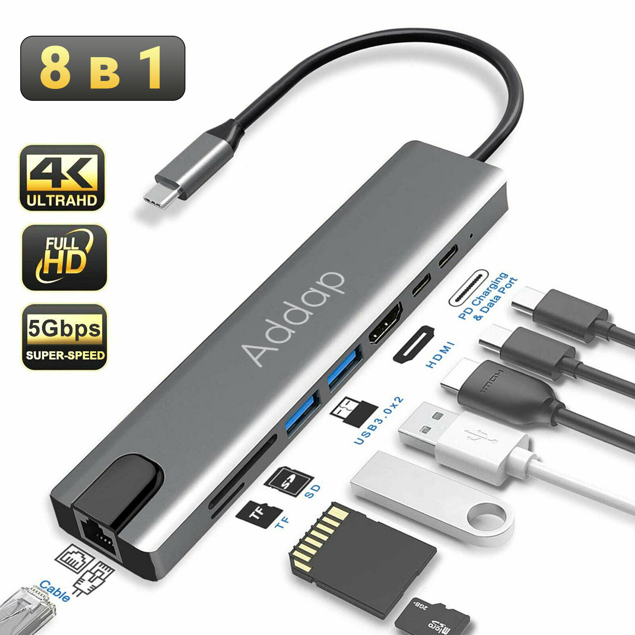 Мультифункціональний USB Type-C хаб Addap MH-04, 8 в 1: HDMI / HDTV + PD + USB C + SD + TF + RJ45