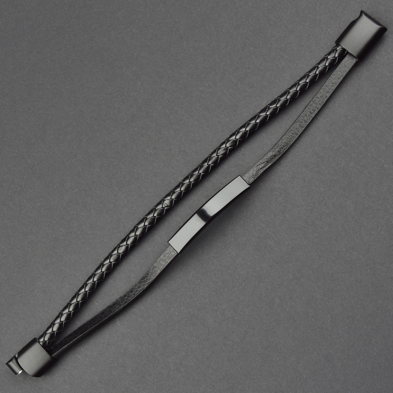 Мужской браслет черный эко кожа с черной вставкой коса Stainless Steel длина 21 см ширина 12 мм