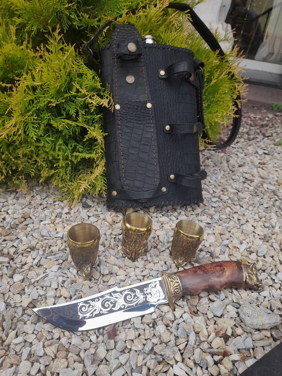 Подарочный элитный набор (фляга, 3 стопки, нож) ручной работы из бронзы и дерева - фото 6 - id-p1934291699