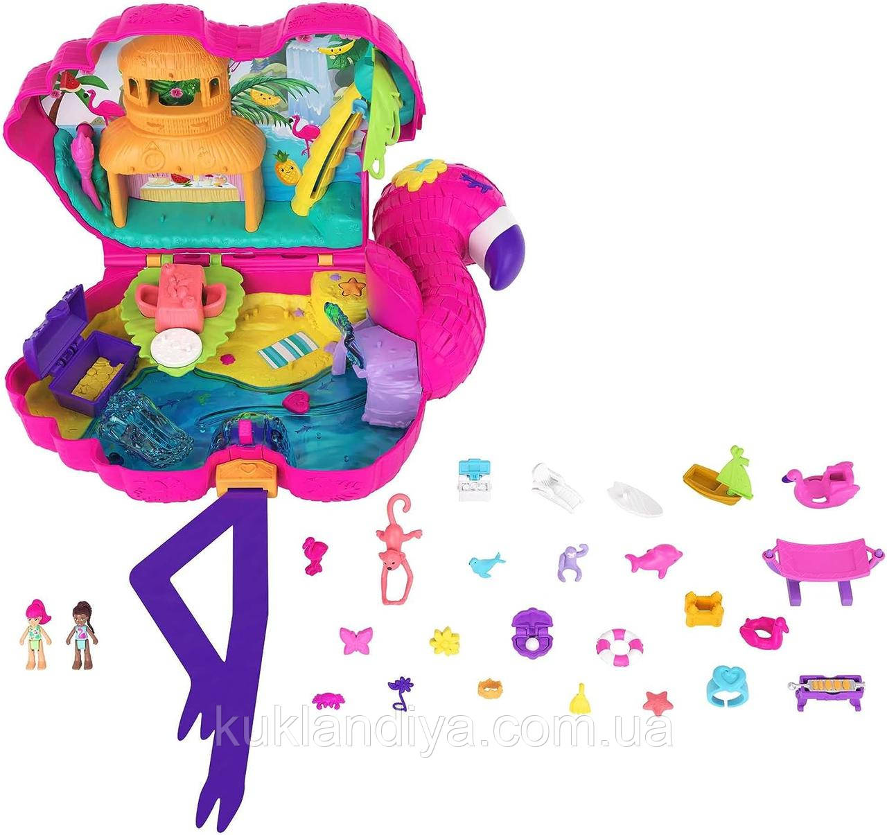 Набір Polly Pocket для подорожей 2-в-1 вечірка Фламінго та 26 сюрпризів, фото 1