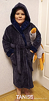 Теплий махровий дитячий, підлітковий халат, на запах, з капюшоном р. 6-8,8-10, 10-12,12-14 років, сірий із синім