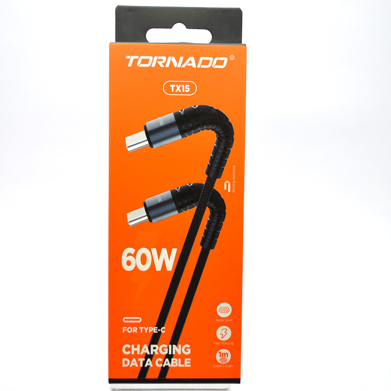 Кабель Tornado TX15 Nylon Cable Type-c to Type-c 60w 1M Black, фото 1