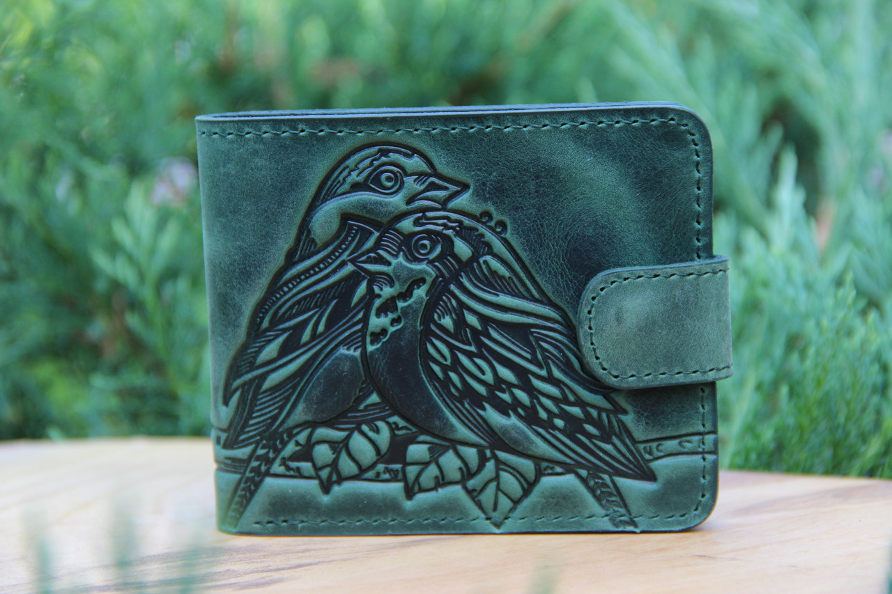 Стильний шкіряний гаманець ручної роботи з тисненням "Пташки", натуральна шкіра, зеленого кольору, 11х9 см, фото 1