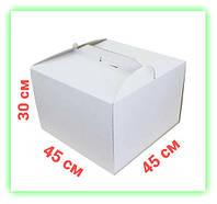 Белая картонная коробка для торта пряничного домика 450х450х300 мм самосборная с плоской ручкой