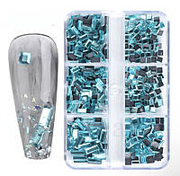 Набор страз (6 ячеек) для дизайна и декора ногтей в пластиковом контейнере, квадратные + прямоугольные Бирюзовый YV-2