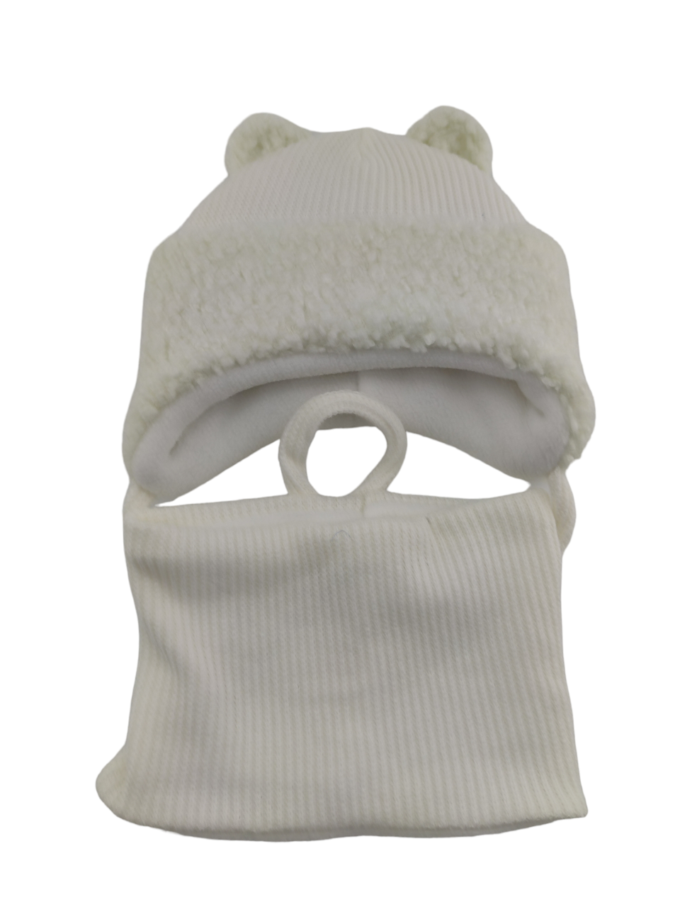 Детская вязаная шапка теплая с флисом хомутом с завязками детские головные уборы белый (ШДТ308) - фото 2 - id-p1934464118