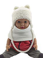 Дитяча в'язана шапка тепла з флісом хомутом із зав'язками дитячі головні убори білий (ШДТ308)