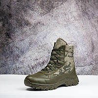 Берцы мужские тактические зимние на шнурке кожаные Военные ботинки на меху хаки с пиксельной вставкой