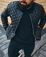 Стеганная мужская кожаная куртка Ромб премиум качества - черная