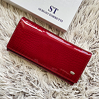 Гаманець жіночий лаковий з натуральної шкіри червоний бордовий гаманець на магніті Sergio Torretti