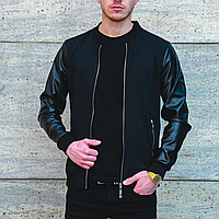 Куртка-бомбер мужская демисезонная черный | Ветровка весенняя осенняя с кожаными рукавами