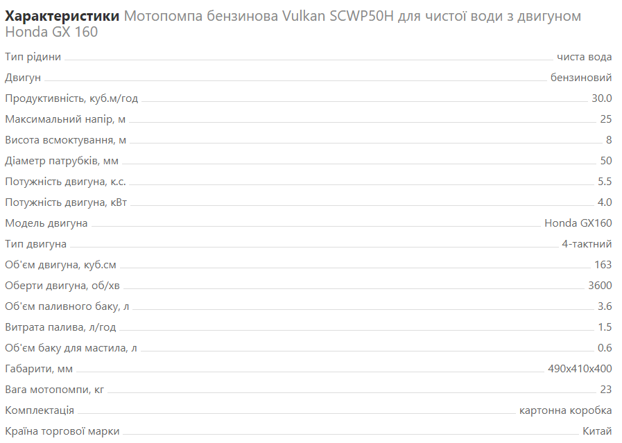 Мотопомпа бензиновая Vulkan SCWP50H для чистой воды с двигателем Honda GX 160 - фото 3 - id-p1934772062