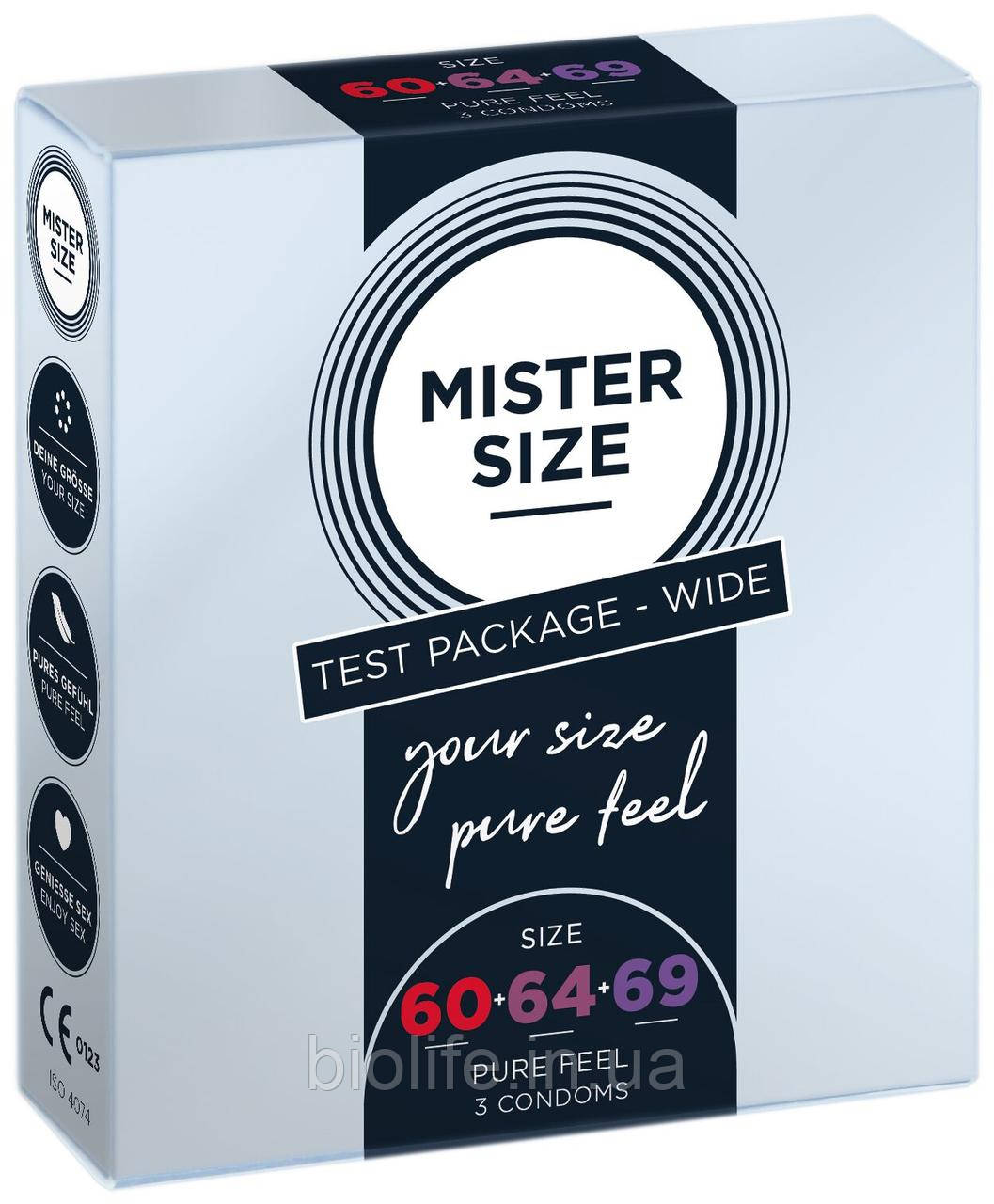 Набір презервативів Mister Size — pure feel — 60-64-69 (3 condoms), 3 розміри, товщина 0,05 мм