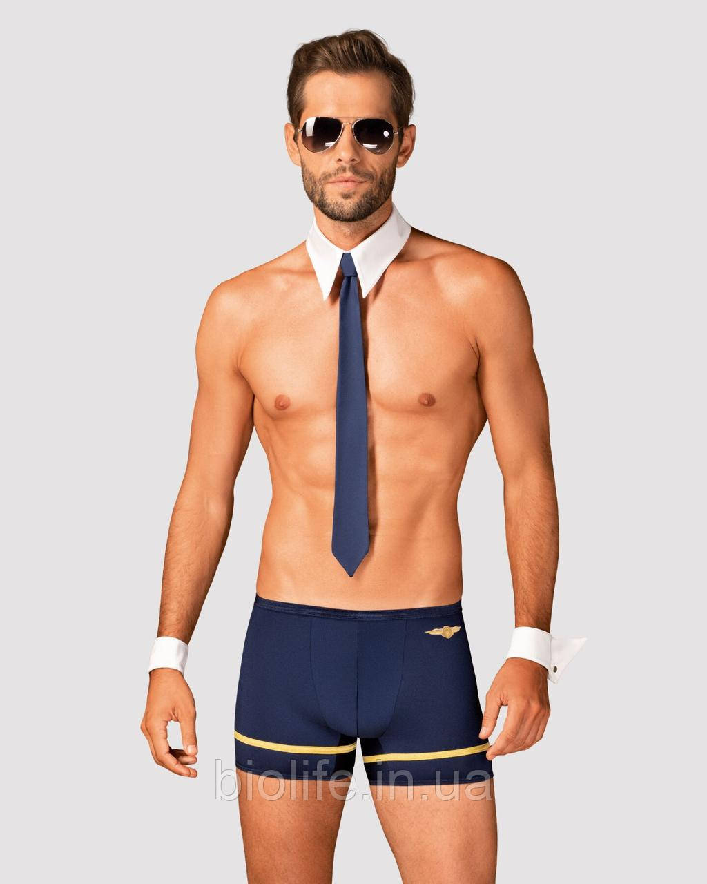 Еротичний костюм пілота Obsessive Pilotman set L/XL, боксери, манжети, комір із краваткою, окуляри