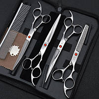 Профессиональный набор ножниц для груминга животных - Прямые, Изогнутые, Гребень, Филировочные серебро NBM