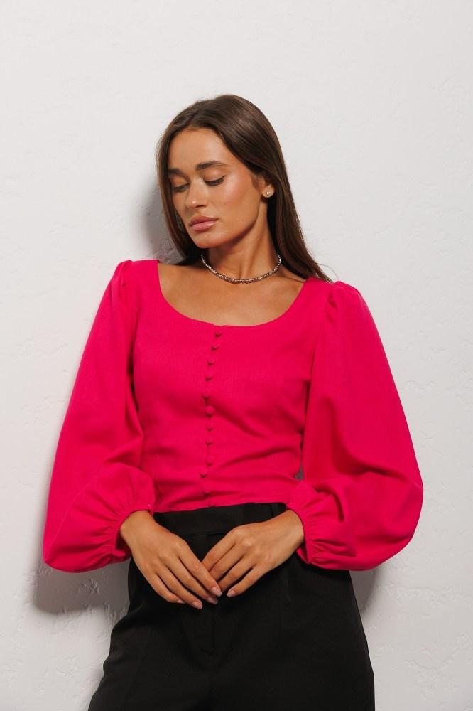 Жіноча лляна блуза з довгим рукавом у малиновому кольорі в розмірі L, фото 1