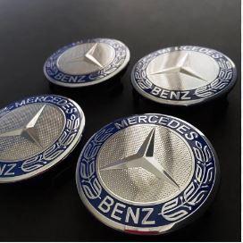 Ковпачки (заглушки) в литі диски Mercedes-Benz (Мерседес-Бенц) Мерс 75 мм синій обідок хром лого