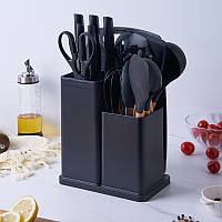 Набор кухонных принадлежностей Kitchenware Set 19 предметов (ножи, аксессуары, подставка) черный