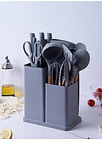 Набор кухонных принадлежностей Kitchenware Set 19 предметов (ножи, аксессуары, подставка) серый