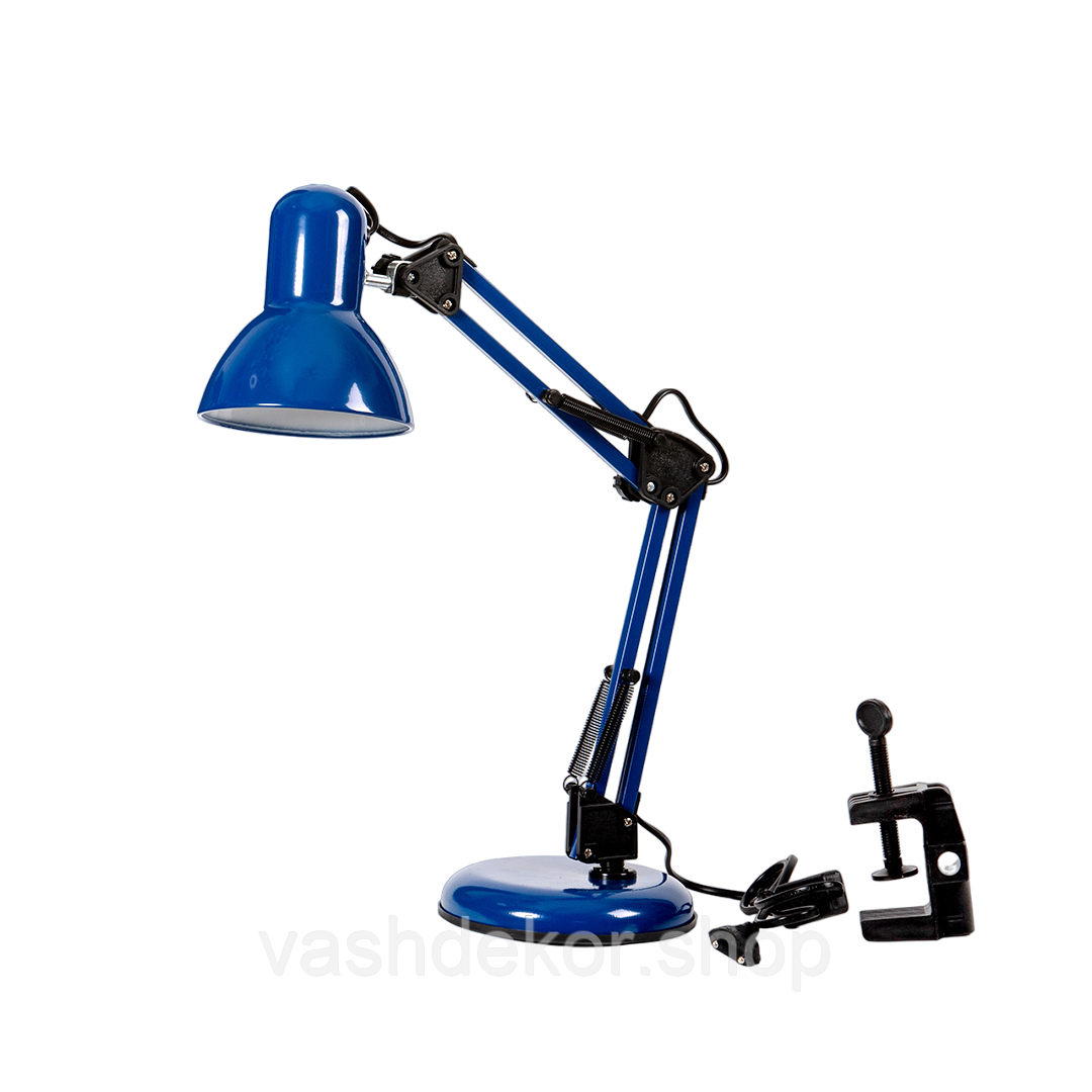 Офісна настільна лампа металева Е27 на підставці та струбціні синя 50х14 см