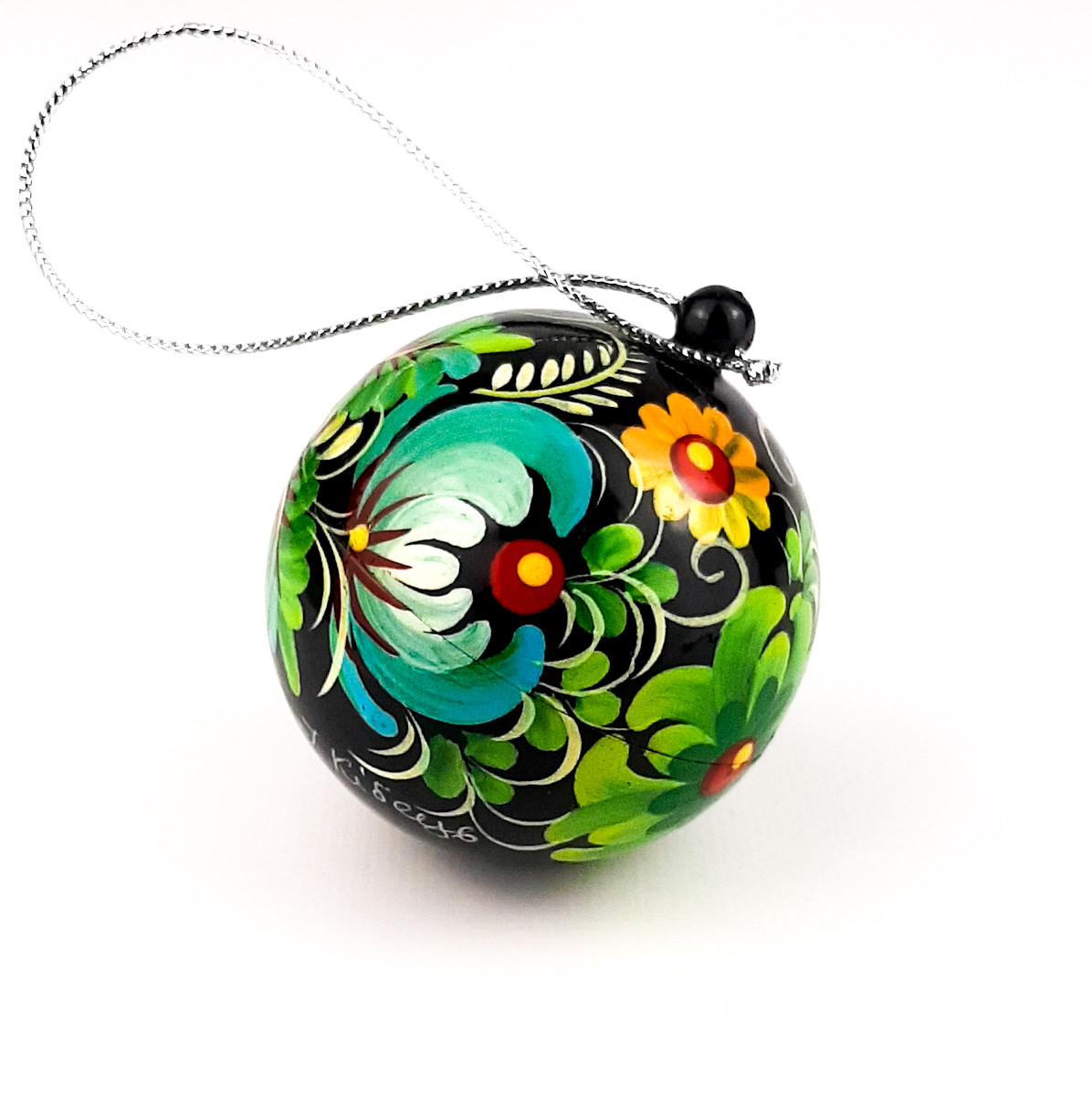 Шар шкатулка Петриківський розпис новорічна на ялинку з дерева 6см ЗЕЛЕНІ КВІТИ Український сувенір, фото 1