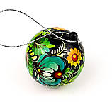 Шар шкатулка Петриківський розпис новорічна на ялинку з дерева 6см ЗЕЛЕНІ КВІТИ Український сувенір, фото 5