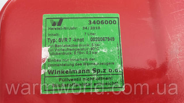 3406000 34/2010 Ingalt: 7 Liter Typ: SVR 7 - knot 0020067949 3 bar 90 °C 0.75+/-0.2 bar Winkelmann Sp.z.o.o.