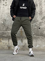 Мужские зимние спортивные штаны хаки трехнитка на флисе , Мужские теплые спортивные брюки цвета хаки мод niki