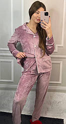 Костюм домашній ШАЛЬ ВЕЛЮР ПЛЮШ ГУДЗИКИ 2-ка штани та жакет ПУДРА