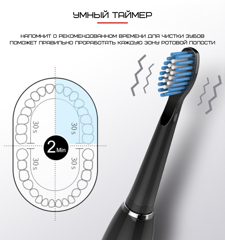 Электрическая Зубная Щетка Звуковая 5 Насадок + 5 Режимов + Кейс Для Хранения Seago Sonic SG575 Взрослая Тёмно - фото 4 - id-p1935310892