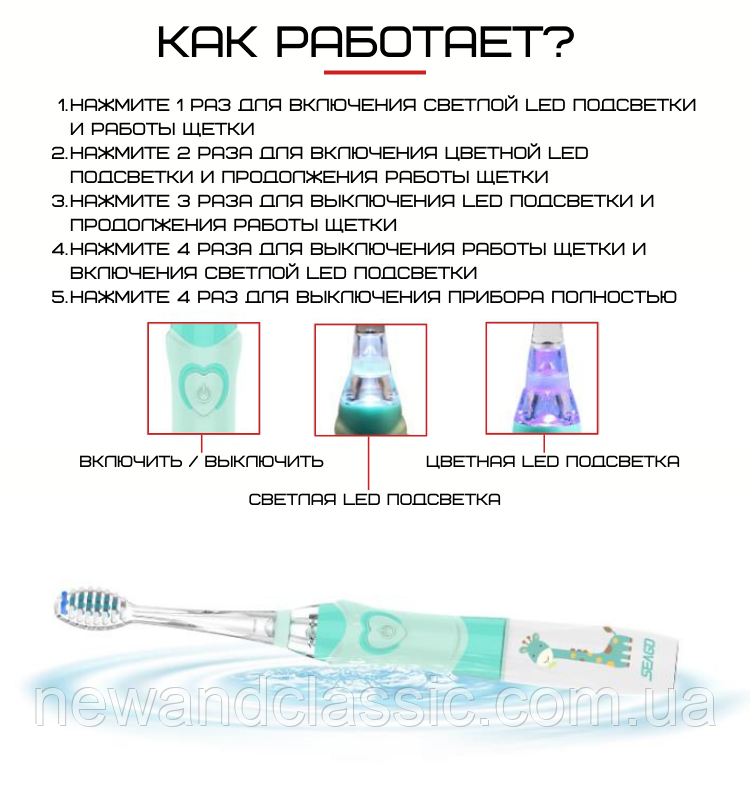 Электрическая Звуковая Зубная Щетка Seago SG977 Sonic Детская Мятная - фото 4 - id-p1935310895