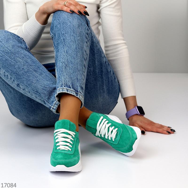 Зеленые изумрудные замшевые женские кроссовки натуральная замша на белой подошве - фото 7 - id-p1935354205