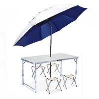 Туристический складной стол + 4 стула + компактный зонт Белая столешница