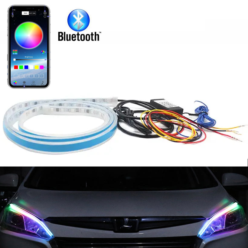 Автомобільна Bluetooth LED-підсвітка фар RGB, ДХО гнучкі ходові вогні, тонкі, 60 см х 2 шт., фото 1