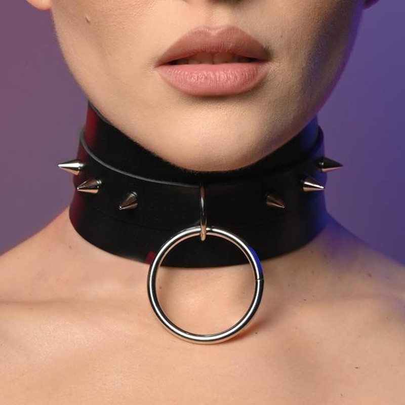 БДСМ Чокер на Шию з Довгими Шипами та Металевим Кільцем універсальний розмір Чорний ( 130 134 )