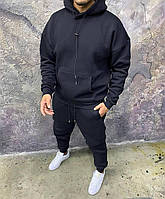Мужской топовый спортивный костюм с капюшоном тринитка на флисе чёрного цвета
