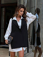 Комплект женская удлиненная шелковая белая рубашка и черная удлиненная жилетка 42-46