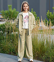2105олив Костюм для девочки оливковый, рубашка и брюки палаццо BossKids размер 140 см