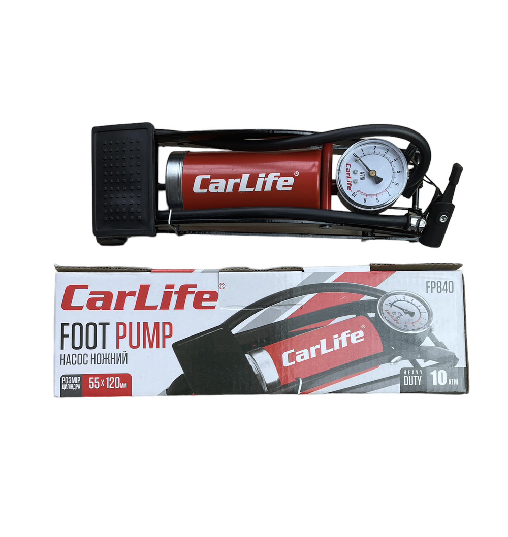 Насос ножной Carlife одноциліндровий 10Атм з манометром, фото 1