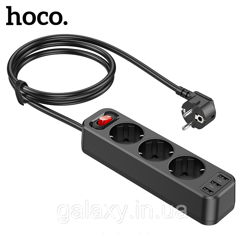 Мережевий фільтр Hoco 3 розетки 3USB 4000Вт подовжувач 1,8м NS2 BLACK