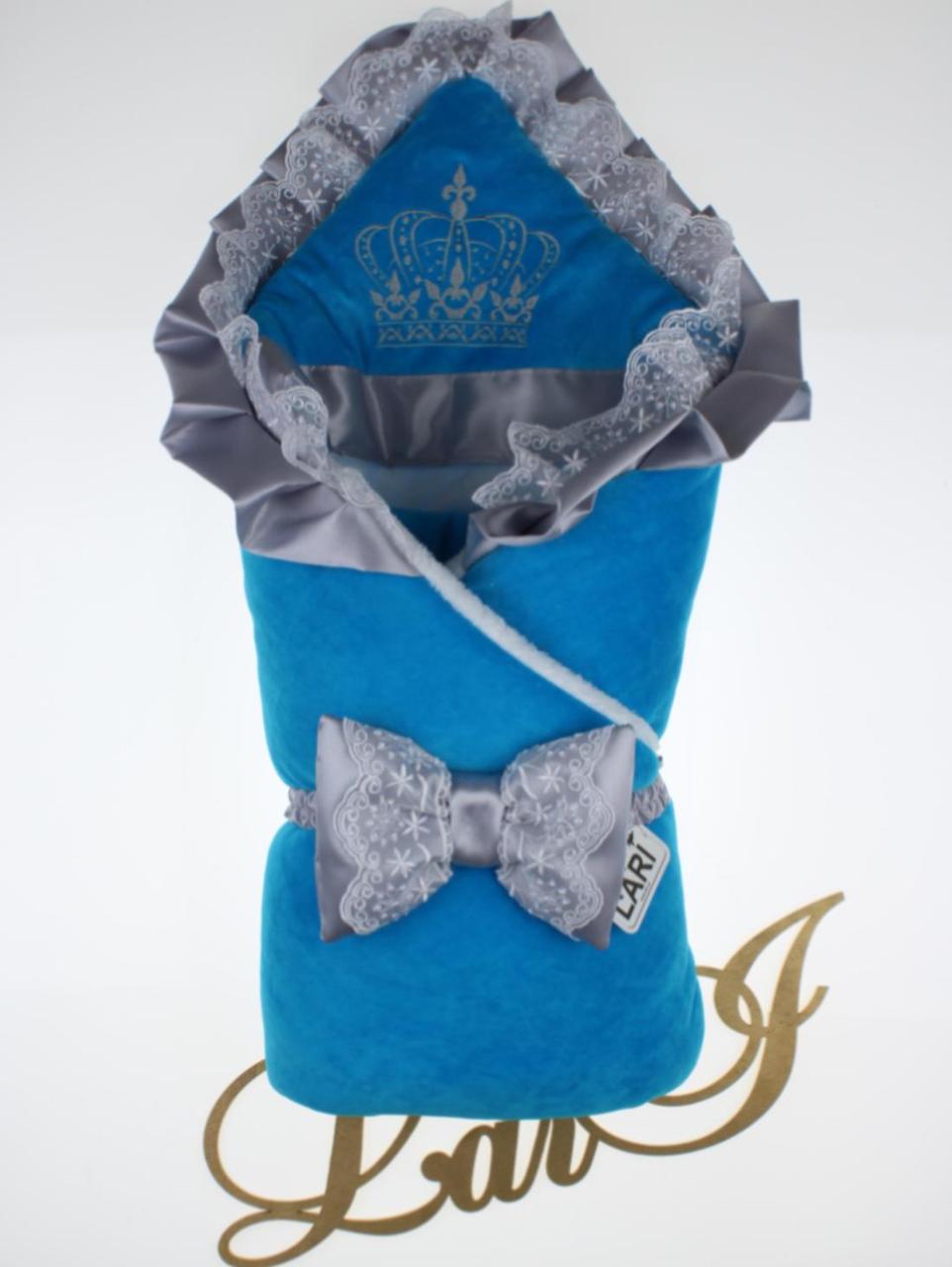 Зимовий конверт з капюшоном на виписку для новонароджених хлопчиків. Велюрова ковдра (плед) 85*85 см