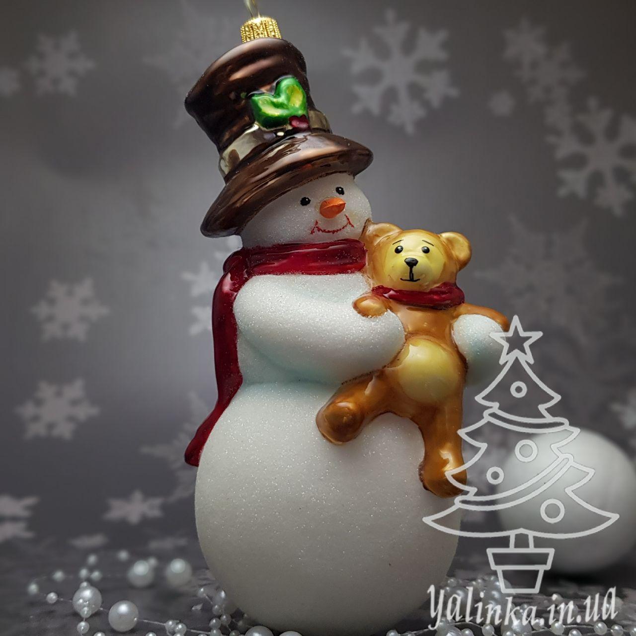 Скляна ялинкова іграшка Сніговик з ведмедиком   Komozja Family Snowmen